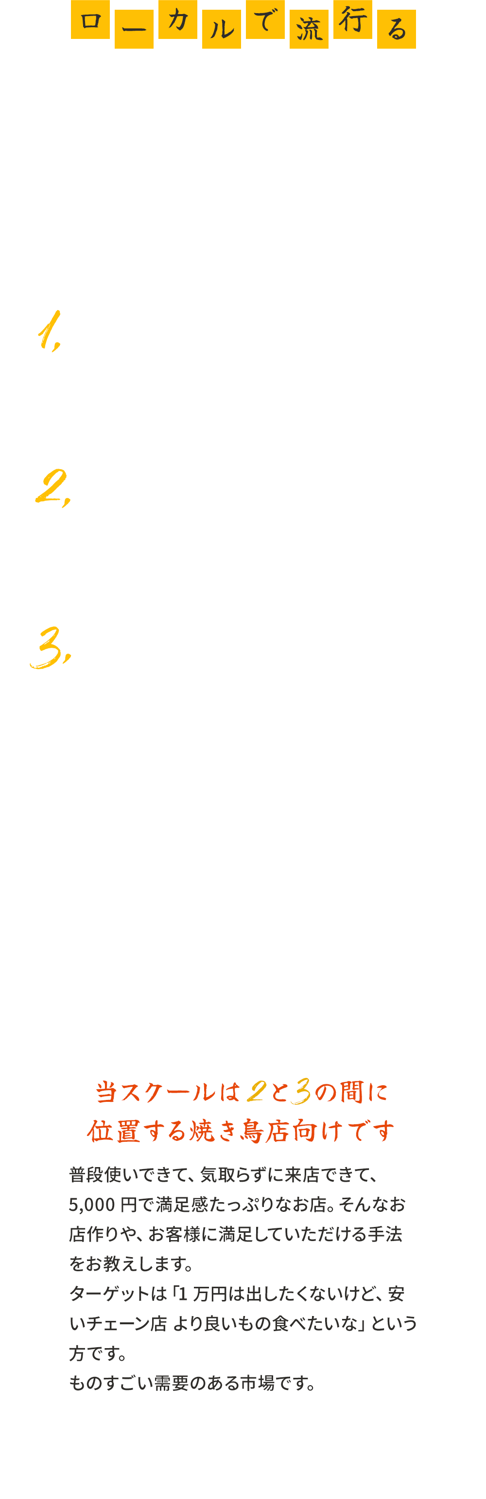 ローカルで流行るちょっとええ焼き鳥屋さん。昨今の焼き鳥屋業界は、以下のように三分化されています。1.「低価格帯の大衆店」均一価格のチェーン、昔ながらの赤提灯系2.「リーズナブルな中級店」高級店とは言えないが食材に拘っている3.「コース主体の高級店」全てにこだわった焼鳥屋。客単価は1万円以上。当スクールは2と3の間に位置する焼き鳥店向けです。普段使いできて、気取らずに来店できて、5,000円で満足感たっぷりなお店。そんなお店作りや、お客様に満足していただける手法をお教えします。ターゲットは「1万円は出したくないけど、安いチェーン店 より良いもの食べたいな」という方です。ものすごい需要のある市場です。